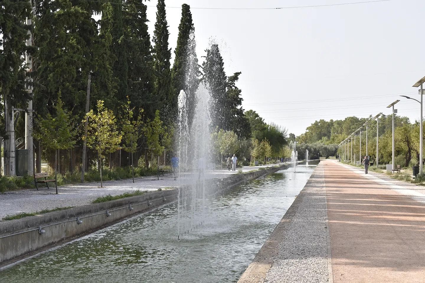 A photo of canal inside the park with trees in the background