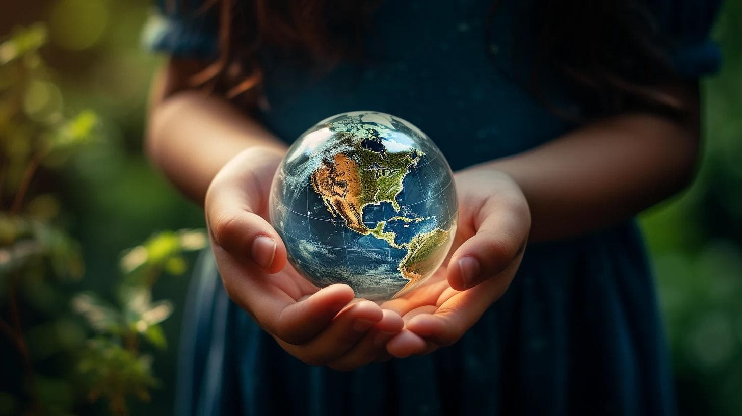 a child's hands holding the globe of the earth on top of the palms
