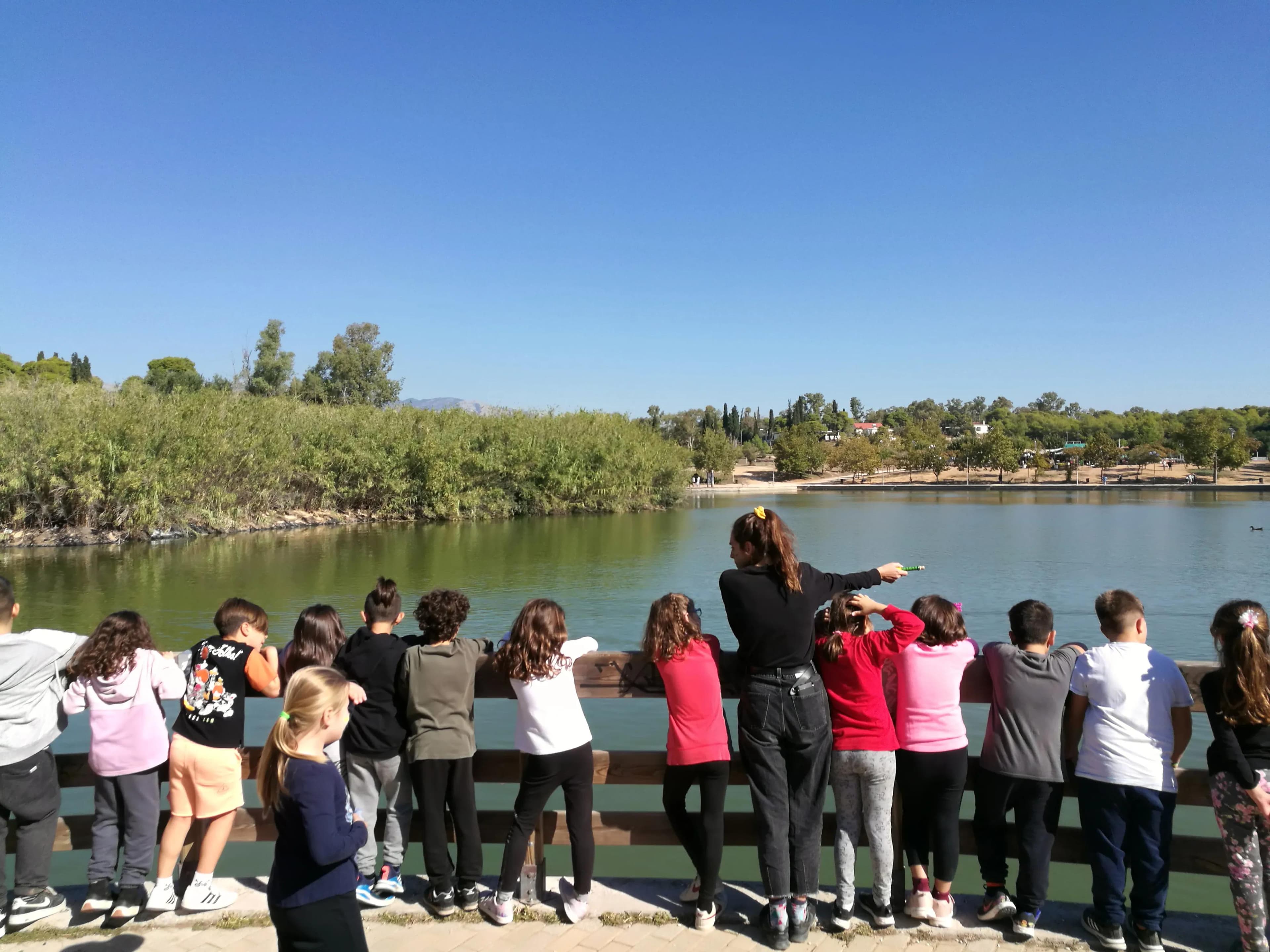 kids watching the ducks in the lake.